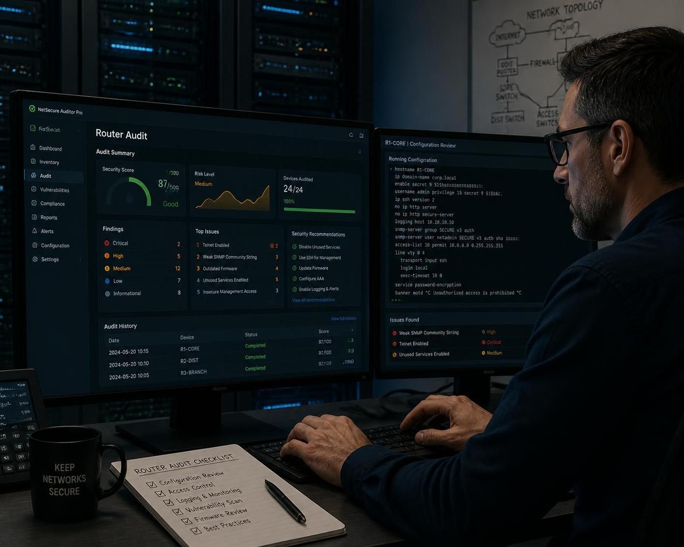 ontdek hoe een router audit tool jouw netwerkbeveiliging kan versterken door kwetsbaarheden op te sporen en te verhelpen voor een veiliger en betrouwbaarder netwerk.